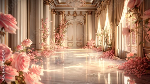 A Luxurious Hall Adorned with Pink Flowers