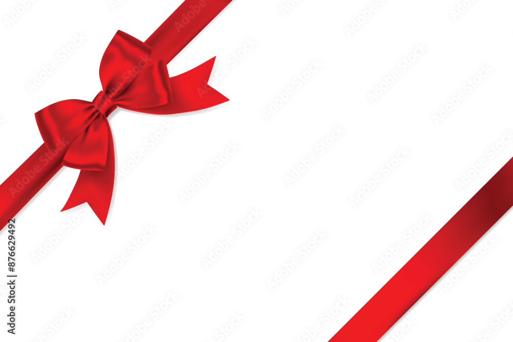 Red Ribbon Bow Realistic shiny satin with shadow place on corner of paper for decorate your wedding invitation card ,greeting card or gift boxes vector EPS10 isolated on white background. Red Ribbon Bow Realistic shiny satin with shadow place on corner of paper for decorate your wedding invitation card ,greeting card or gift boxes vector EPS10 isolated on white background.