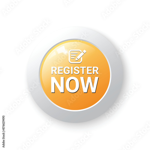 Orange Register Now circle button with icon and shadow for use to your business website, vector EPS10 isolated on white background.
