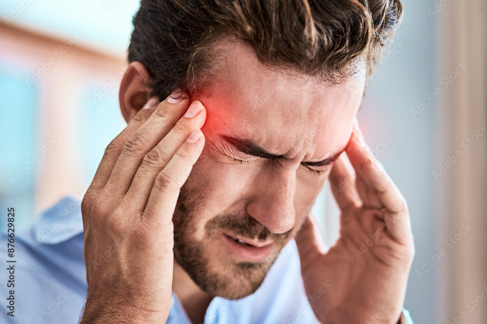 Headache, man and massage temple in home with pain for dizziness, tired or stress with glow. Red overlay, fatigue and male person with migraine for brain fog, health emergency or burnout in house Headache, man and massage temple in home with pain for dizziness, tired or stress with glow. Red overlay, fatigue and male person with migraine for brain fog, health emergency or burnout in house