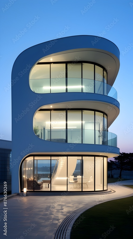 Fototapeta premium Sleek and Streamlined Modern Architecture with Curved Glass and Steel Facade