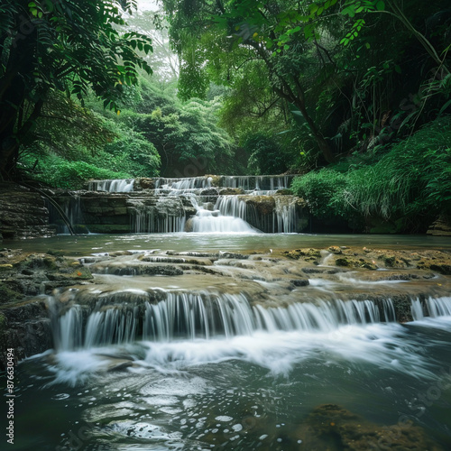 Gentle waterfall in a lush green forest