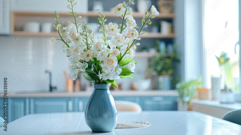 Vase with fresh spring flowers on dinning table on the background of modern kitchen in Scandinavian interior style. Light white blue colors Vase with fresh spring flowers on dinning table on the background of modern kitchen in Scandinavian interior style. Light white blue colors