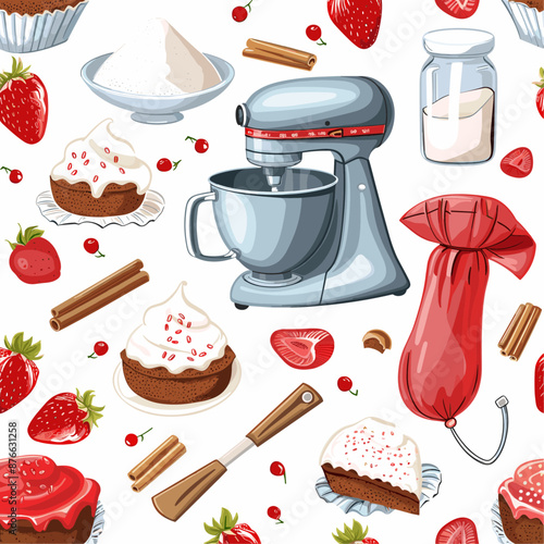 Strawberry cake baking seamless pattern with kitchen tools