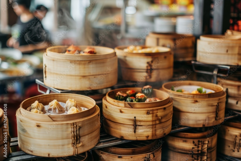 chinese dim sum in bamboo steamers