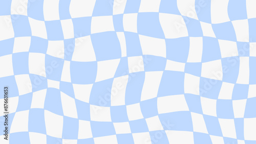 Twisted checkerboard blue background. Trendy distorted checkered backdrop with pale pastel color. Gingham, plaid, chessboard design.