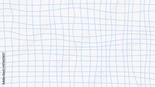 Distorted grid background. Trendy wavy checkered backdrop with hand drawn blue curves. Vector illustration.
