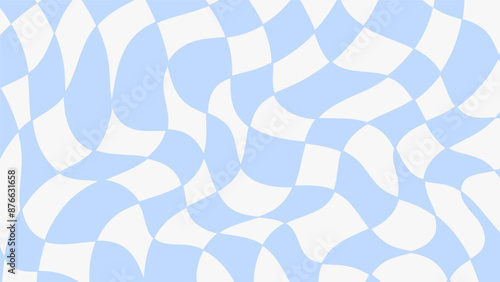 Distorted checkerboard blue background. Trendy twisted gingham chessboard. Horizontal wavy backdrop. Vector illustration.