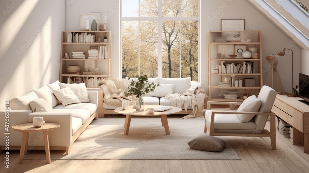 Fototapeta premium a living room with a couch, coffee table, and a window.