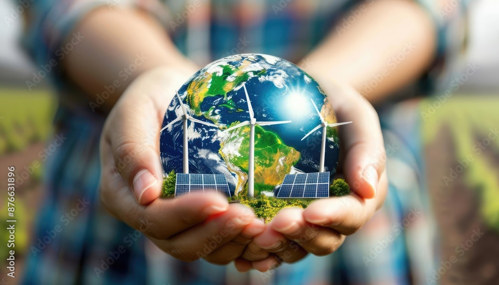 Hands holding a globe with wind turbines and solar panels symbolizing sustainable energy. Hands holding a globe with wind turbines and solar panels symbolizing sustainable energy.