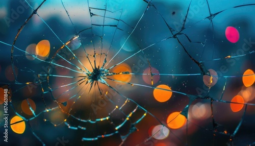 Close-up of a cracked window with blurred city lights in the background.