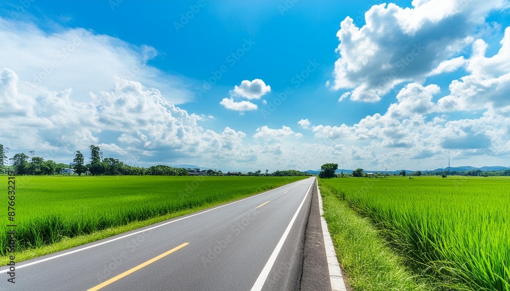Straight country road and green farmland natural scenery.