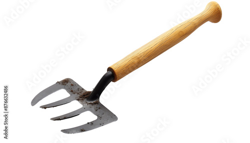 Closeup of a hand rake with wooden handle.