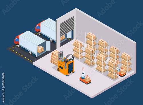 Automated warehouse robotic and autonomous robot transportation service concept with Automated Guided Vehicles (AGVs) and Autonomous Mobile Robots (AMRs). Vector illustration EPS 10