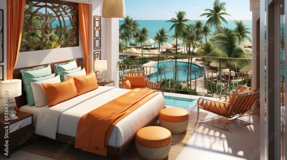 Fototapeta premium a bedroom with a bed and a palm tree