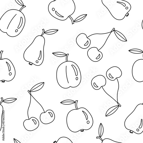Food seamless pattern with doodle fruits. Hand drawn black and white endless background with falling apple, pear, cherry and peach. Repeat vector illustration for drink, kitchen