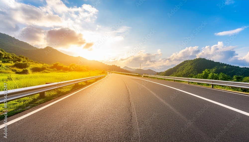 Straight asphalt road and mountain with sky clouds background at sunset; landscape of a beautiful journey Straight asphalt road and mountain with sky clouds background at sunset; landscape of a beautiful journey