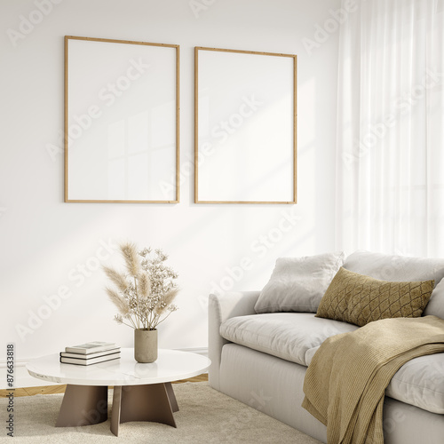 Frame mockup in home interior, ISO A paper size. Living room wall poster mockup. Modern style interior background. 3D render photo