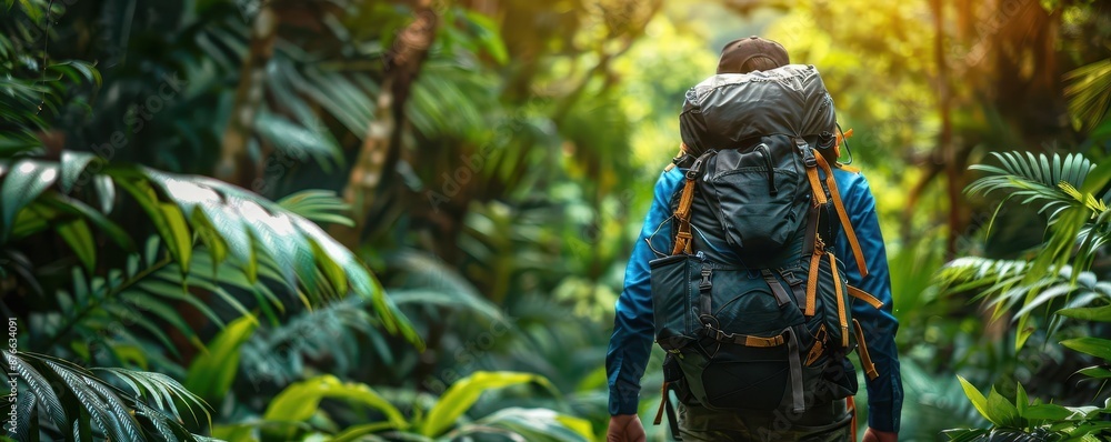 Fototapeta premium Backpacker trekking through lush green jungle with a large backpack under the warm sunlight, surrounded by dense vegetation.