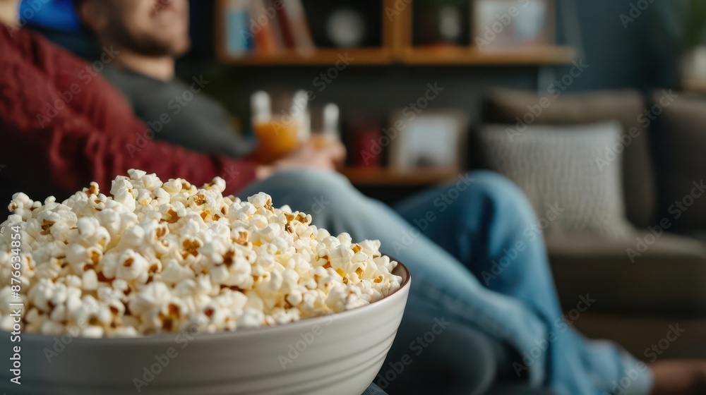 Close-up of a bowl of popcorn with people in the background watching TV in a cozy living room setting. Close-up of a bowl of popcorn with people in the background watching TV in a cozy living room setting.