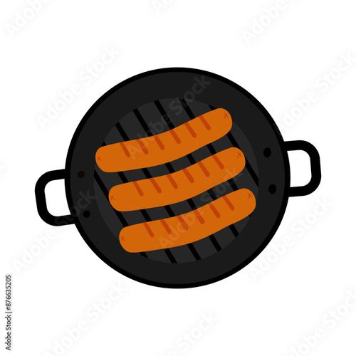 Fried sausages in a grill pan in trendy shades Top view. Icon sticker, logo or promo design concept photo