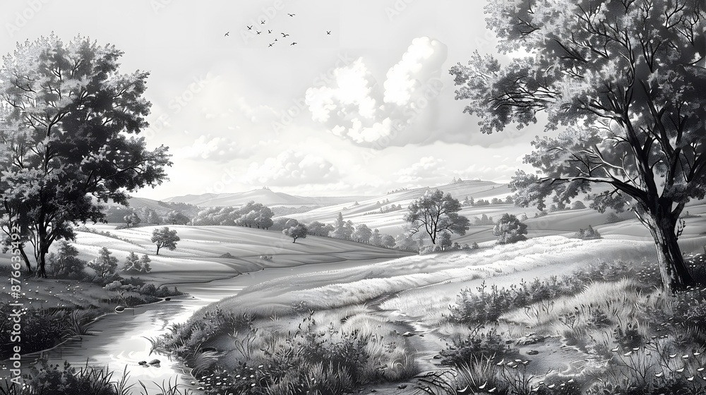 Obraz premium Engraving of serene countryside with rolling hills, winding river, and scattered trees