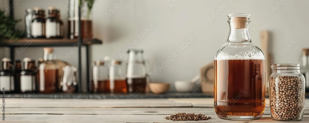 Close-up of glass bottles with brown liquid and seeds on wooden table against background of blurred kitchen shelves. Close-up of glass bottles with brown liquid and seeds on wooden table against background of blurred kitchen shelves.