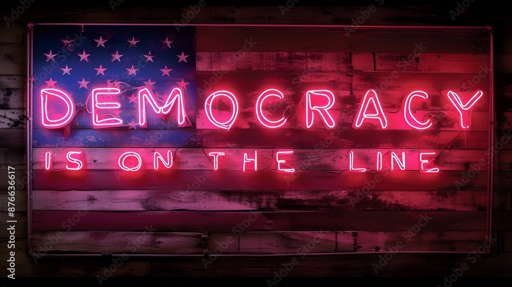 “DEMOCRACY IS ON THE LINE” neon sign - election - parties - politics - authoritarianism “DEMOCRACY IS ON THE LINE” neon sign - election - parties - politics - authoritarianism