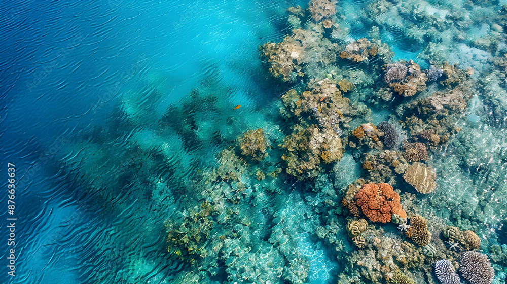 A bird's-eye view of a vibrant coral reef teeming with marine life, set against the backdrop of clear turquoise waters A bird's-eye view of a vibrant coral reef teeming with marine life, set against the backdrop of clear turquoise waters