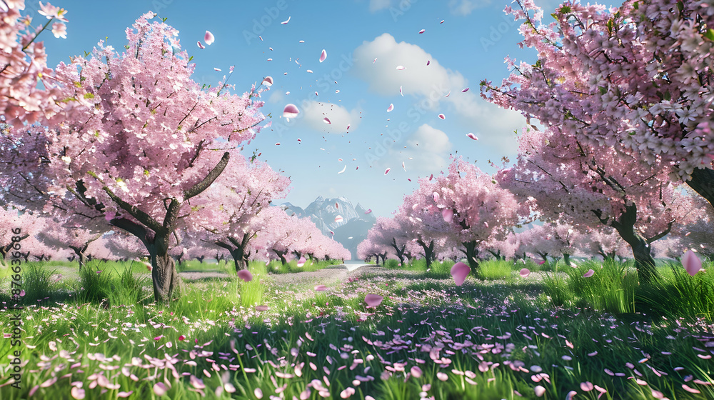A cherry orchard in full bloom, petals drifting in a gentle breeze under a cloudless sky A cherry orchard in full bloom, petals drifting in a gentle breeze under a cloudless sky