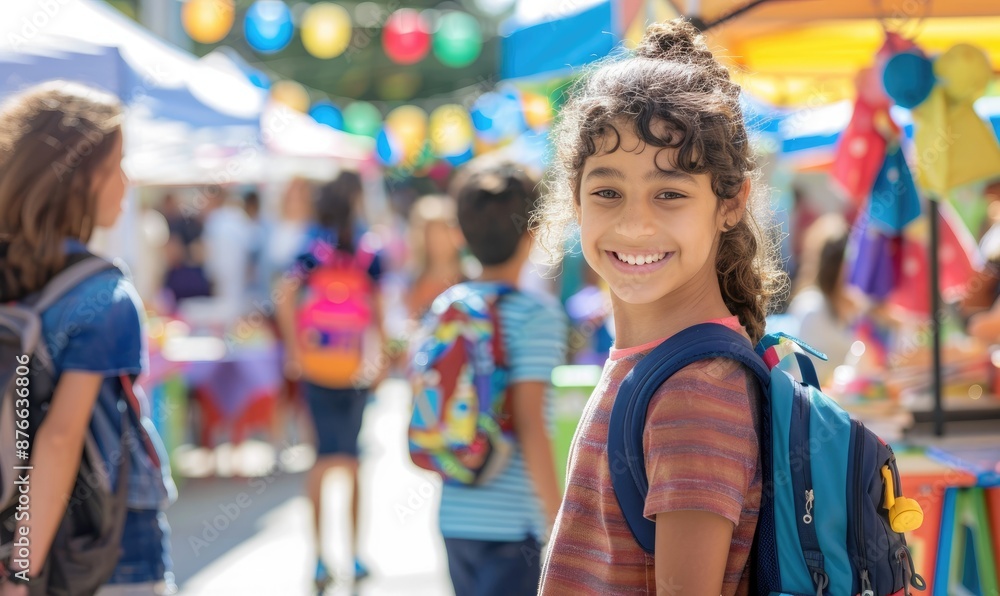 A girl with a backpack is smiling in front of a group of people A girl with a backpack is smiling in front of a group of people
