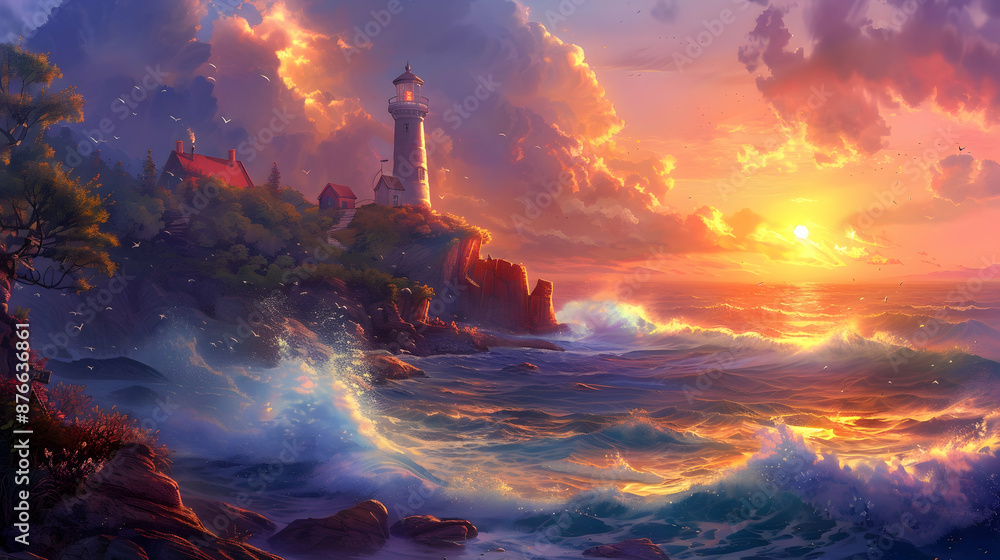A coastal cliffside with crashing waves and a lone lighthouse, bathed in the warm glow of a rising sun A coastal cliffside with crashing waves and a lone lighthouse, bathed in the warm glow of a rising sun