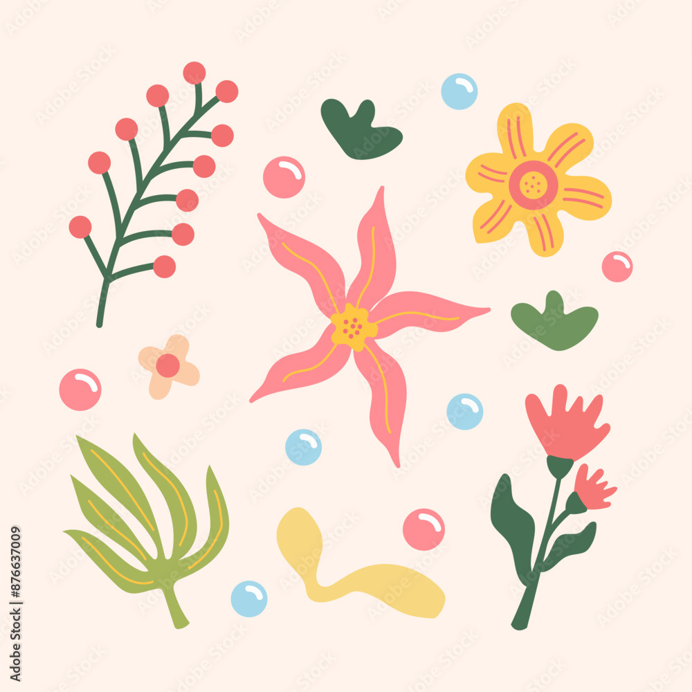 colorful abstract hand drawn tropical leaves and flower spring background colorful abstract hand drawn tropical leaves and flower spring background