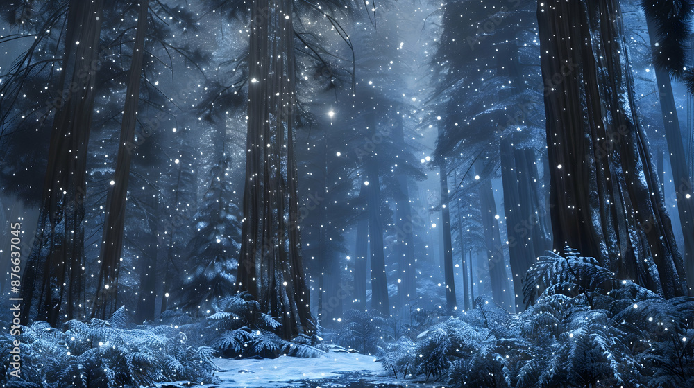 Naklejka premium A dreamlike winter scene with delicate snowflakes falling on ancient redwoods in a secluded forest, under a starry sky