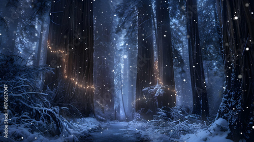 A dreamlike winter scene with delicate snowflakes falling on ancient redwoods in a secluded forest, under a starry sky