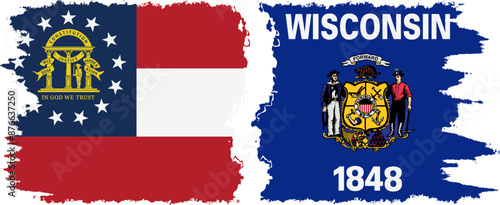 Wisconsin and Georgia states grunge brush flags connection vector