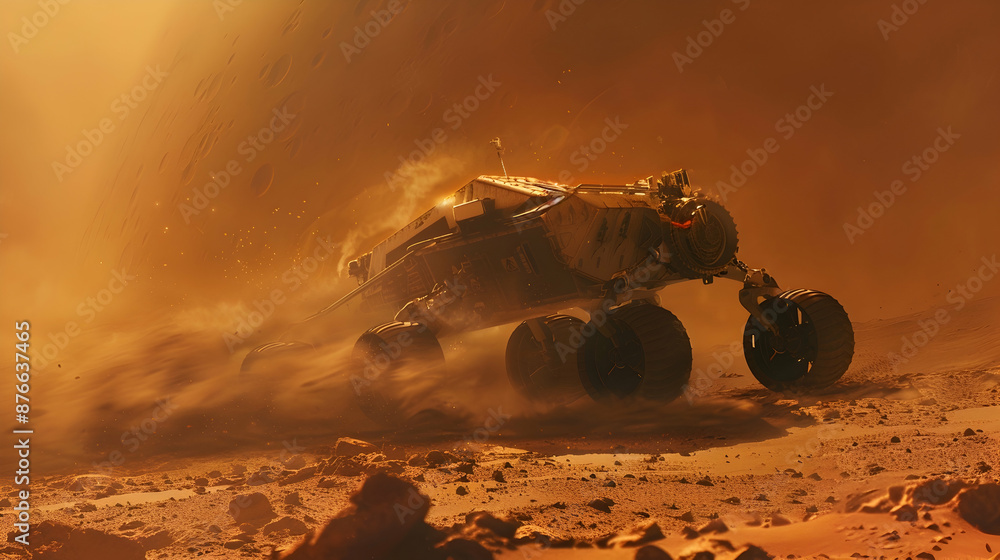 Obraz premium A high-tech excavation robot digging on Mars, with Martian dust swirling in the red planet's thin atmosphere