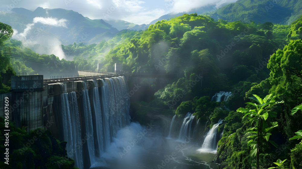 Fototapeta premium A hydroelectric dam with cascading waterfalls and lush greenery, blending into a pristine natural landscape