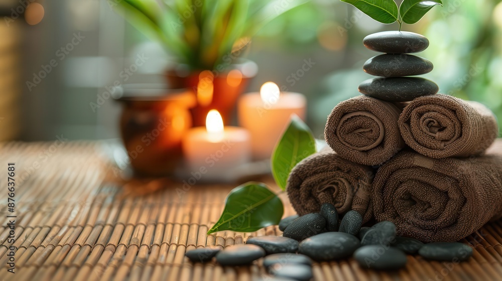 Cozy spa setup with rolled towels, candles, stones, and green leaves, creating a relaxing atmosphere for wellness and rejuvenation. Cozy spa setup with rolled towels, candles, stones, and green leaves, creating a relaxing atmosphere for wellness and rejuvenation.