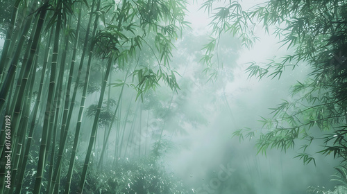 A misty bamboo forest with towering stalks swaying gently in the breeze, creating a sense of serene isolation