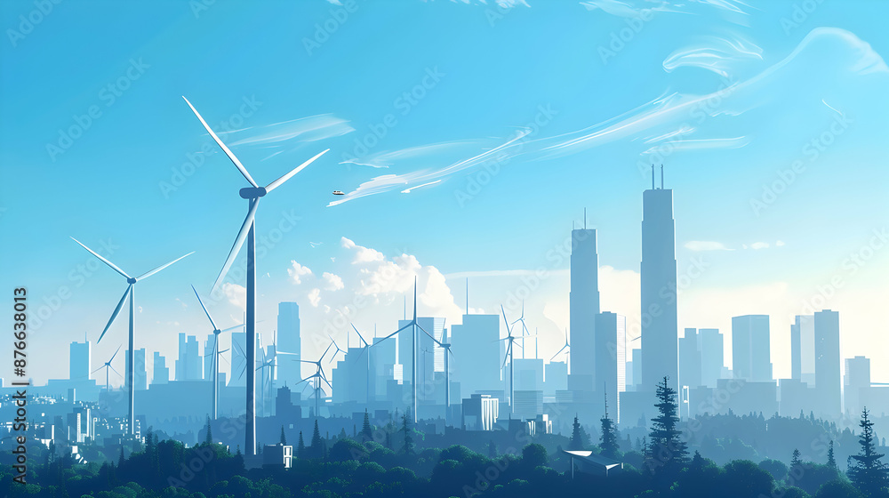 A modern eco-friendly cityscape with wind turbines generating clean energy under a clear blue sky A modern eco-friendly cityscape with wind turbines generating clean energy under a clear blue sky
