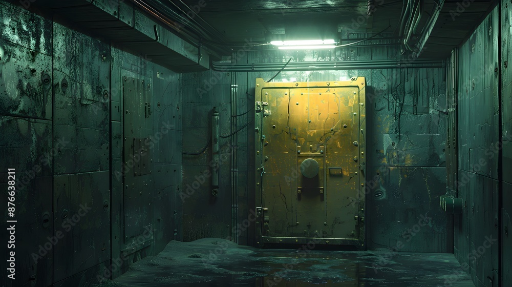Obraz premium Dimly lit underground bunker with rugged golden safe amidst concrete walls, exuding secrecy.
