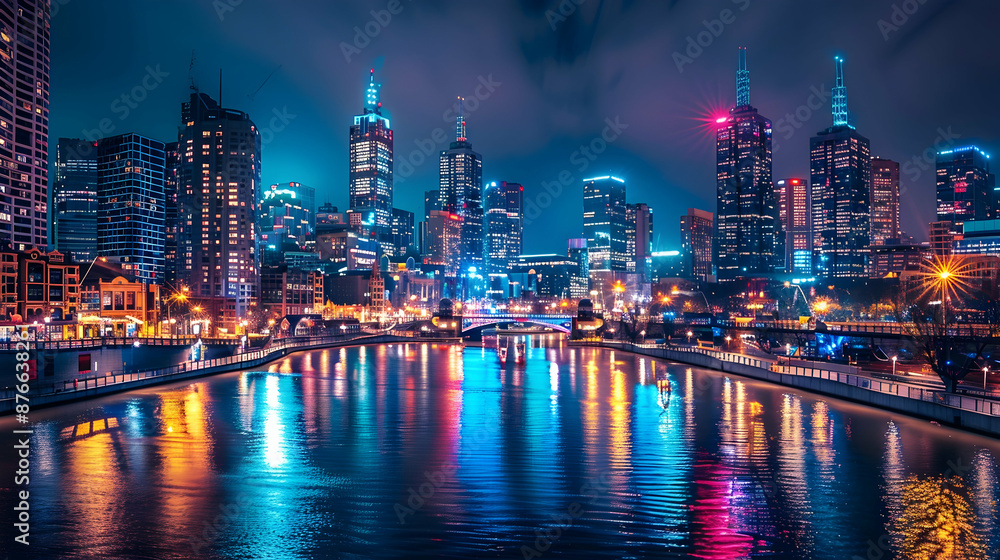 A panoramic shot of a bustling city skyline at night, illuminated by neon lights and reflected in a river below A panoramic shot of a bustling city skyline at night, illuminated by neon lights and reflected in a river below
