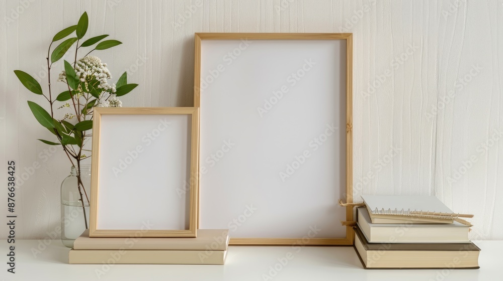 A mock-up photo frame or poster sits on a white table with a plant and books. Wooden background. A mock-up photo frame or poster sits on a white table with a plant and books. Wooden background.