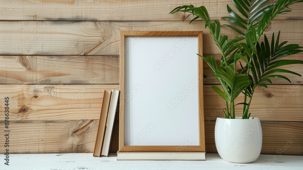 A mock-up photo frame or poster sits on a white table with a plant and books. Wooden background. A mock-up photo frame or poster sits on a white table with a plant and books. Wooden background.