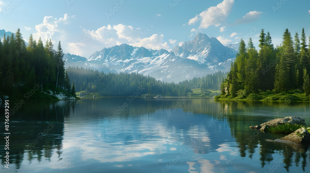 Fototapeta premium A serene lake surrounded by dense pine forests with a distant view of snow-capped mountains