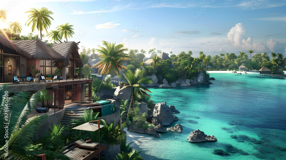 Fototapeta premium A tropical lagoon with palm-fringed islands and turquoise waters, overlooked by cliffside villas