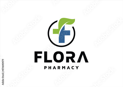 F logo design pharmacy medical organic herbal medicine with abstract leaf