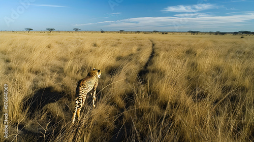 Aerial view of a cheetah sprinting across the African savannah, with tall grass and acacia trees under a clear blue sky