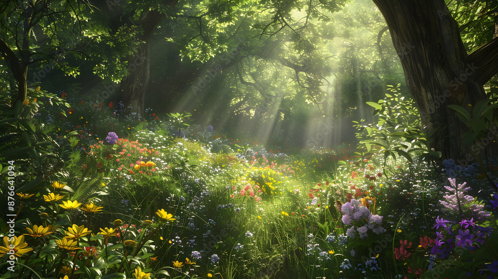 Afternoon sun dappling through a dense forest canopy onto wildflowers, creating a magical play of light and color in a woodland clearing Afternoon sun dappling through a dense forest canopy onto wildflowers, creating a magical play of light and color in a woodland clearing